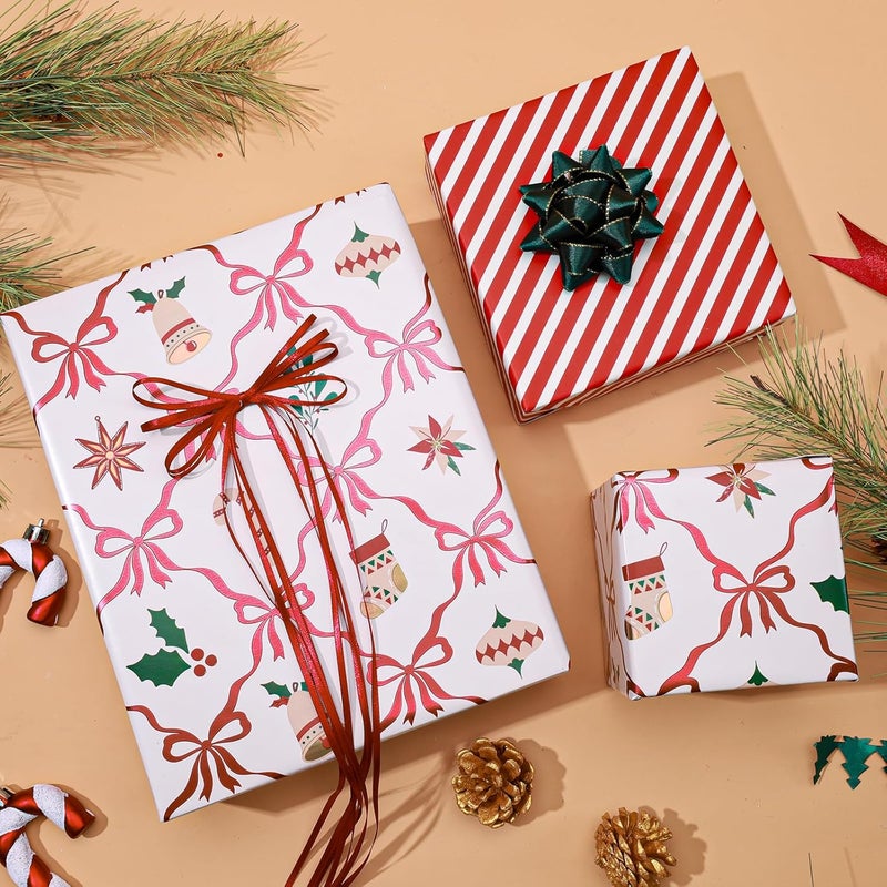 LaRibbons Reversible Foil Christmas Wrapping Paper, Metallic Red Foil Bows with Holly & Stockings Design, Retro Holiday Gift Wrap for Xmas Presents & Decoration, 17 Inch × 33 Feet - Image 3